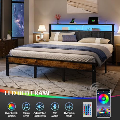 Liians King Size Bed Frame with LED Lights, Upholstered Headboard | Platform Bed with 2-Tier Storage Shelves, Charging Station, Noise Free, No Box Spring Needed, Easy Assemably - size: King