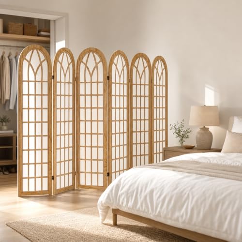 6 Panel Japanese Room Divider, Folding Privacy Screen, Natural | Arched Wood Room Divider, 94.5"W X 66.9"H, Fully Assembled For Bedrooms, Open Rooms, Dining Areas, And Home Offices - color: 6 Panel Natural, size: 6 Panel