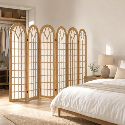 6 Panel Japanese Room Divider, Folding Privacy Screen, Natural | Arched Wood Room Divider, 94.5"W X 66.9"H, Fully Assembled For Bedrooms, Open Rooms, Dining Areas, And Home Offices - color: 6 Panel Natural, size: 6 Panel