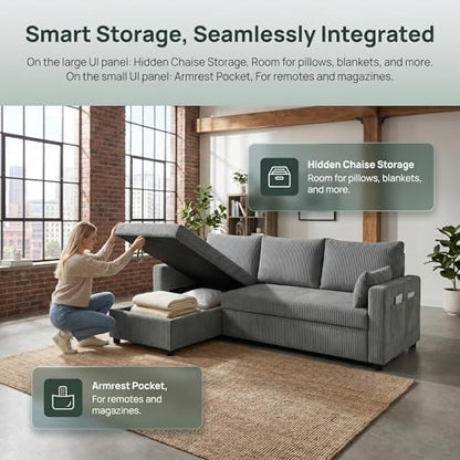 Sleeper Sofa Bed with Adjustable Backrest & Side Pockets, Gray | Adjustable Backrest & Side Pockets,Pull Out Sofa,Comfortable Fabric - color: C-gray-nr