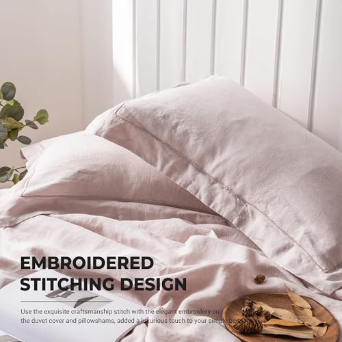 Simple&Opulence 100% Washed Linen Duvet Cover Set with Embroidered,2 Pieces Soft Farmhouse Comforter Set with Button Closure,1 Duvet Cover and 1 Pillowsham(Twin,Dusty Pink) - color: Embroidery Dusty Pink, size: Twin