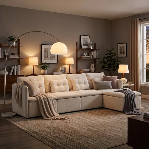 HNY 110" Modern L-Shaped Sectional Sofa, Beige | 4-Seat Button Tufted Modular Couch, Chenille Fabric With Pillow & Ottoman, Comfortable Deep Seat for Living Room, Apartment - color: Beige, size: 4 Seater-L Shape