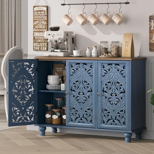 Jiansu furni Sideboard Buffet Cabinet with Storage, Accent Cabinet with 3 Doors and Adjustable Shelves,Buffet Table with Solid Wood Legs for Kitchen, Living Room, Hallway(Blue & Walnut) - color: Blue & Walnut_3 Doors