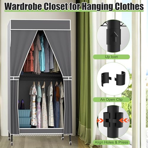2 Tier Rolling Garment Racks with Cover, 35.43'' x 17.13'' x 72.44'' Portable Wardrobe Closet Covered Clothing Rack with Wheels Hooks for Bedroom Laundry Living Room - size: 35.43"D x 17.13"W x 72.44"H