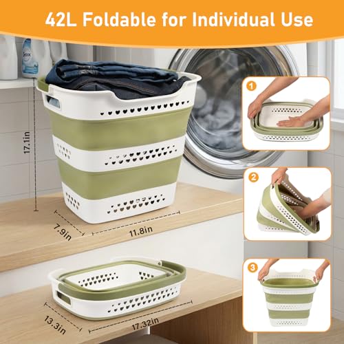 2 Pcs 42L/11.2 Gal Collapsible Laundry Basket - Foldable Plastic Pop Up Hamper with Handles, Space-Saving Storage Organizer for Wet & Dry Clothes, Ideal for Home, Dorm and Apartment Use Green - style: 42L-2green