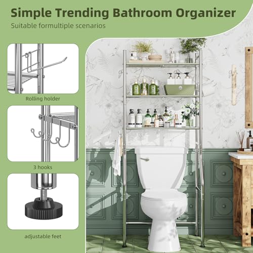 Simple Trending 3 Tier Over The Toilet Rack, Bathroom Shelves with 4 Hooks and Paper Holder, Bathroom Stand Organizer Space Saver, Chrome