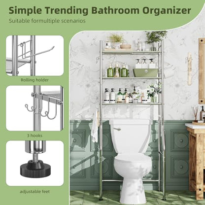 Simple Trending 3 Tier Over The Toilet Rack, Bathroom Shelves with 4 Hooks and Paper Holder, Bathroom Stand Organizer Space Saver, Chrome