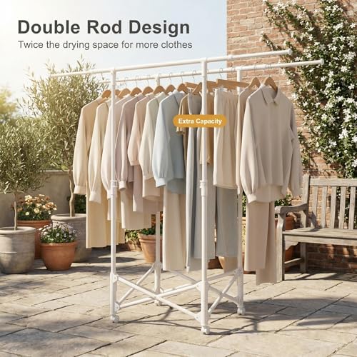 Clothes Drying Rack, Double Rod Extendable 33.1–56.7 Inches, No Assembly & Foldable Clothing Rack for Hanging Clothes with Wheels, for Indoor Outdoor Laundry Room Organization, White