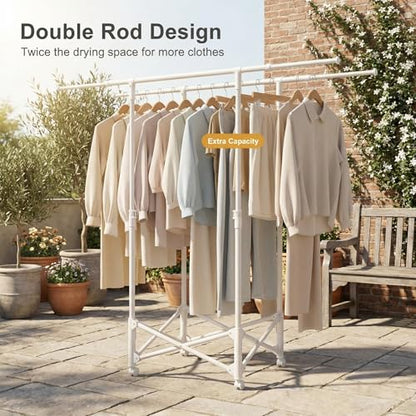 Clothes Drying Rack, Double Rod Extendable 33.1–56.7 Inches, No Assembly & Foldable Clothing Rack for Hanging Clothes with Wheels, for Indoor Outdoor Laundry Room Organization, White
