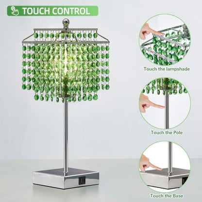 Luvkczc Crystal Table Lamp with Touch Control, Bedside Crystal Table Lamp with USB C+A Ports,Dimmable Lamp for Girls Bedroom, Living Room, Green & B11 LED Bulb Included - color: Green