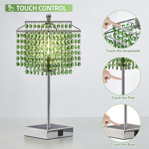 Luvkczc Crystal Table Lamp with Touch Control, Bedside Crystal Table Lamp with USB C+A Ports,Dimmable Lamp for Girls Bedroom, Living Room, Green & B11 LED Bulb Included - color: Green