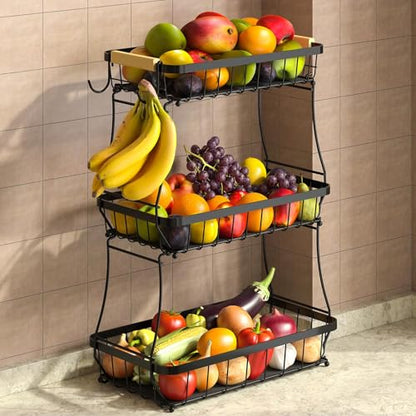 3-Tier Fruit Basket with Banana Hangers, Detachable Metal Bowl | Wooden handle, protective mats included. Versatile holder for bread, snacks, and veggies. Large 3 tier metal design. - color: Black, size: 3 Tier