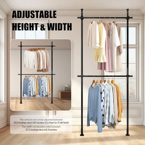 Heavy Duty Double Bar Clothing Rack – Adjustable Floor-to-Ceiling Clothes Rack, 2 Crossbars 220 lbs Capacity Each, Heavy-Duty Carbon Steel, No-Drill Installation, for Laundry Room, Bedroom & Boutique
