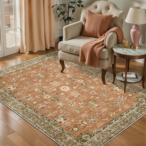 Tangsoo 3x4 Washable Area Rug Non Slip,Vintage Terracotta Floral Throw Rugs | Boho Farmhouse Entryway Rug,Soft Low Pile Floor Carpet Distressed Indoor Mat for Entrance Bedroom Kitchen Nursery Office - color: Terracotta Tangerine, size: 3' X 4' (Rectangula