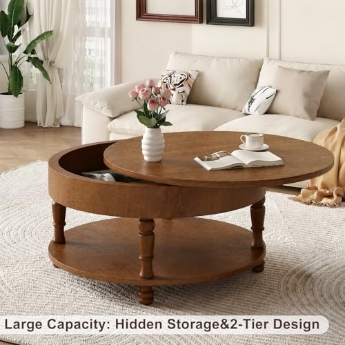 TIANG Tool-Free Flip Top Solid Wood Round Coffee Table with Hidden Storage | 31.5" Modern Center Table for Living Room, Adjustable Silent Footpads,Sturdy Holds up to 100 lbs,Classic 2-Tier Design - color: Antique Brown