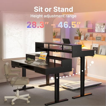 HUANUO 63″ x 26″ Electric Standing Desk with 2 Drawers &24.4″ Large Keyboard Tray, C-Clamp Mount Compatible, Adjustable Computer Desk for Office, Sit Stand Up Desk with 4 Height Presets, Black - color: Black, size: 63*26 inch
