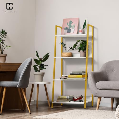 CAPHAUS 4 Tier Ladder Bookshelf, 24 Inch Width Free Standing Shelf, Bookcase Shelf Storage Rack Organizer, Industrial Book Shelves for Home Office, Living Room, Kitchen, White Shelves & Gold Frame - color: Gold, size: 4-Tier