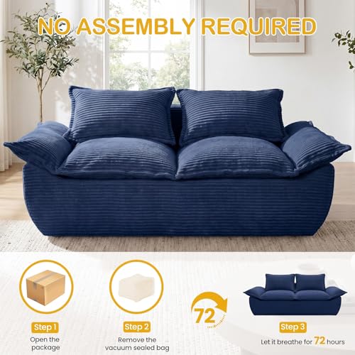 56" Boneless Loveseat, 2-Seater Boneless Sofa with Removable Cushions & 2 Pillows, Small Deep Seat Boneless Couch Compress Foam Sofa for Living Room, Apartments, & Office (Blue, Loveseat) - color: Blue, size: Loveseat（56")