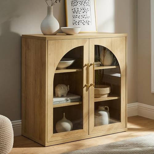 Glass Arched Door Sideboard Buffet Cabinet Set of 2, Natural Oak | Modular, Multi-Compartment Storage, Adjustable Shelf, Soft Close Hinges, Freestanding, for Dining Room, Living Room - color: Natural Oak
