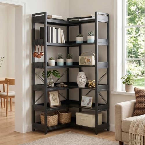 GTPLAYER 6-Tier Corner Bookshelf, L-Shaped Metal Frame Shelf with Tall 14" Shelves, Plant Stand and Storage Rack for Small Spaces, Living Room and Home Office, Black - color: Black, size: 6 Tier