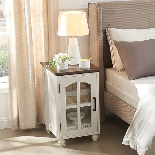 Narrow Side Table Set of 2, Farmhouse Nightstand with Charging Station | End Tables with Glass Barn Door, Cabinet Organizer with Adjustable Shelf, Night Stand for Small Spaces Living Room Bedroom - color: White, size: Set 2