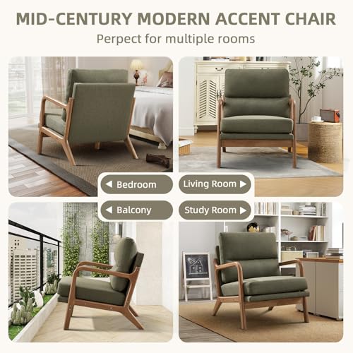 IOMOR Mid Century Modern Accent Chair, Linen Fabric Upholstered Lounge Arm Chair with Solid Wood Frame and Soft Cushion for Living Room, Bedroom, Balcony (1, Green) - color: Linen Green