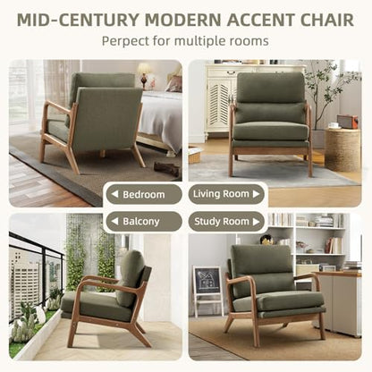 IOMOR Mid Century Modern Accent Chair, Linen Fabric Upholstered Lounge Arm Chair with Solid Wood Frame and Soft Cushion for Living Room, Bedroom, Balcony (1, Green) - color: Linen Green