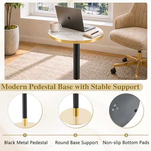 TesNus 23.6" Small Round Dining Table for 2, Circle Tulip Table, Faux Marble Top with Gold Metal Pedestal Base, Modern Leisure Coffee Table for Small Spaces, Cafe, Office, White&Gold - color: White Top&black Leg&gold Base