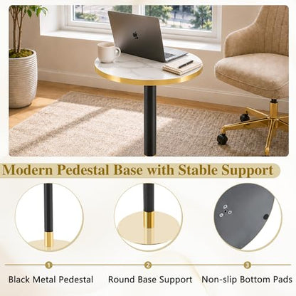 TesNus 23.6" Small Round Dining Table for 2, Circle Tulip Table, Faux Marble Top with Gold Metal Pedestal Base, Modern Leisure Coffee Table for Small Spaces, Cafe, Office, White&Gold - color: White Top&black Leg&gold Base