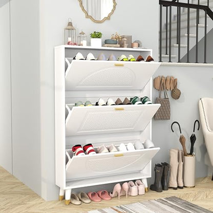 White Shoe Storage Cabinet: 32" Ultra Thin Small Shoe Cabinet | Modern Slim and Narrow Hidden Shoes Rack Organizer with Doors and 3 Flip Drawer for Entryway - size: 32"