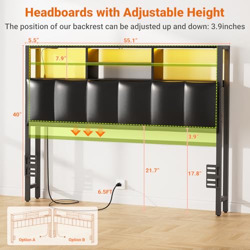 Aheaplus Headboard for Full Size Bed with Storage, Upholstered Headboards with Outlets, USB Ports and LED Light, Reversible Full Size Head Board, Height Adjustable, Comfortable Headboard, Black - color: Black, size: Full, style: Upholstered