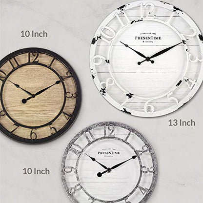 13" Farmhouse Series Wall Clock | Quartz Movement, Shiplap Style, Raised 3D Arabic Numeral, Antique Distressed White - color: Antique Distressed White, size: 13 inch