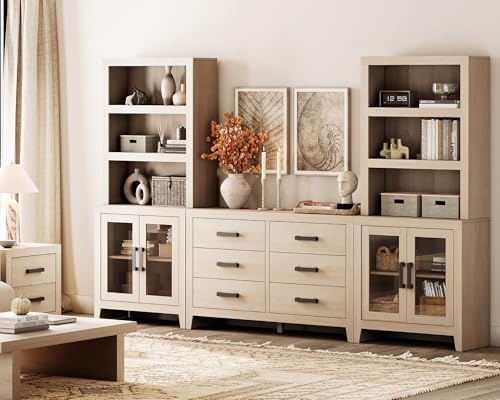 WAMPAT Farmhouse Entertainment Center with Bookshelves, TV Stand Set with Glass Doors & 6 Drawers, Wood Media Console for Living Room, Bedroom, Beige - color: Beige