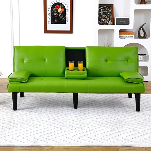 67" Futon Sofa Bed, Convertible Leather Futon Couch (Green) | Sleeper Bed Couches with Adjustable Backrest, Cup Holders, Comfy Folding Loveseat Couch for Small Spaces Living Room Office - color: Green