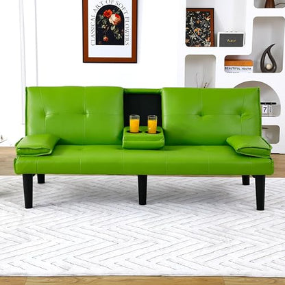 67" Futon Sofa Bed, Convertible Leather Futon Couch (Green) | Sleeper Bed Couches with Adjustable Backrest, Cup Holders, Comfy Folding Loveseat Couch for Small Spaces Living Room Office - color: Green
