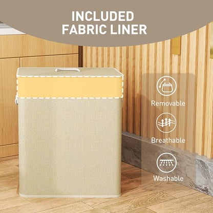 HOMCOM Double Laundry Basket with Lid 26.4 Gallon Bamboo Hamper Natural | Rope Handles, Clothes Hamper, Removable Liner, Bathroom, Bedroom - color: Natural