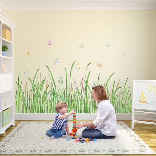 Green Grass Wall Corner Sticker Peel and Stick Flower Butterfly Wall Decal Green Plant Baseboard Skirting Line Wall Sticker for Living Room Decor