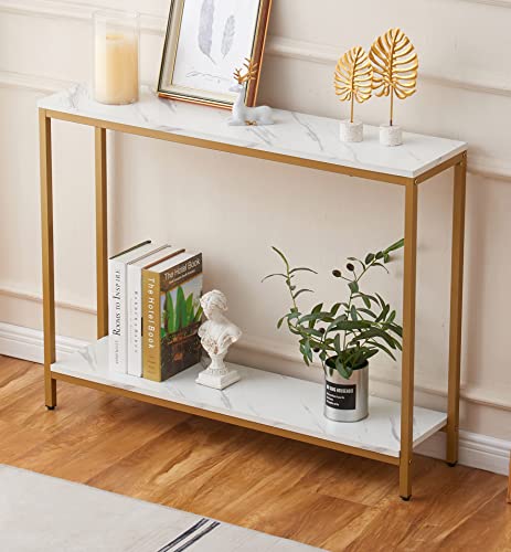 loglus Console Table for Entryway, Faux Marble MDF Indoors Sofa Table with Golden Frame for Small Rooms, Double Layer, White Marble, 9.45" D x 38.19" W x 29.72" H - color: White Marble, style: Double Layer