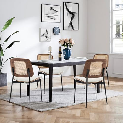LUNLING Dining Chairs Set of 4 Mid Century Modern Retro White Faux Leather Kitchen Chairs with Walnut Bentwood Upholstered Seat Metal Legs Chair Adjustable Foot for Kitchen Dining Room - color: White, size: Set of 4