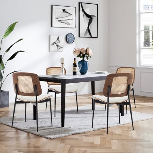 LUNLING Dining Chairs Set of 4 Mid Century Modern Retro White Faux Leather Kitchen Chairs with Walnut Bentwood Upholstered Seat Metal Legs Chair Adjustable Foot for Kitchen Dining Room - color: White, size: Set of 4