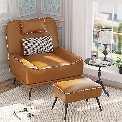 35" Accent Chair with Ottoman, Wide PU Leather Chair and Ottoman | Oversized Upholstered Armless Chair Mid Century Modern Side Chair with Ottoman For Living Room Bedroom Lounge Chair Brown - color: Brown