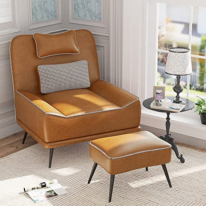 35" Accent Chair with Ottoman, Wide PU Leather Chair and Ottoman | Oversized Upholstered Armless Chair Mid Century Modern Side Chair with Ottoman For Living Room Bedroom Lounge Chair Brown - color: Brown