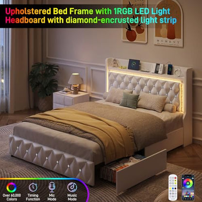 Queen Bed Frame with LED Lights & Charging Station, Upholstered Bed Frame Queen Size with Storage Headboard & 2 Drawers, Diamond Tufted, Curved Wingback, PU Leather, No Box Spring Needed, White - color: White, size: Queen