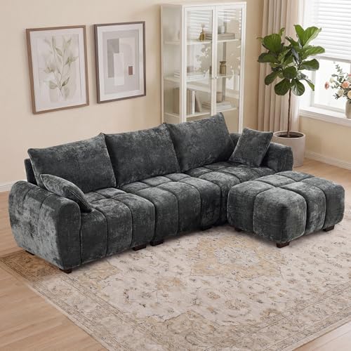 112" L Shaped Modular Sectional Sofa, Grey Chenille Cloud Couch, Modern Upholstered 4 Seater Couch with Removable Ottoman, Tufted Deep Seat & Wood Legs, Sectional Couches for Living Room Apartment - color: Grey, size: L-Shaped Couch