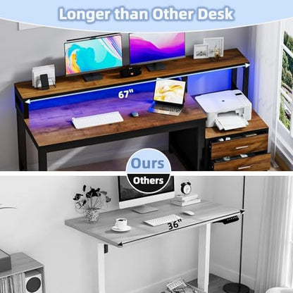 MaverickFurni 67'' Computer Desk with 3 Drawers and LED Lights, Black | Home Office Desk with Printer Shelf and Monitor Stand, Gaming Desk with LED Lights, Black - color: Black and Walnut