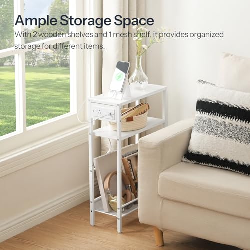 HOOBRO Small Narrow Side Table with Charging Station, Skinny End Table for Small Spaces, Slim Nightstand with USB Ports Outlet, Sofa Beside Table with Storage Shelf, White WT102UBZ01 - color: White