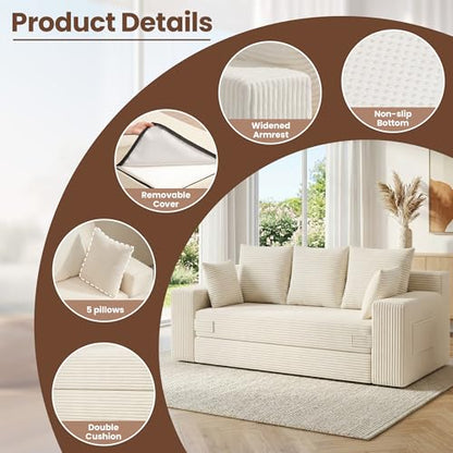 Boneless Couches 70 inch: 3-in-1 Convertible Sofa Bed Futon Couch Bed, Oversized Loveseat Sleeper Sofa with 5 Pillows, Beige Couch for Living Room, Bedroom & Small Space - color: Beige, size: 70 Inch