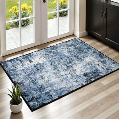 Rugflix 2x3 Entrance Rugs, Washable Navy Blue Dark Entry Small Rug | Stain-Resistant; Low Pile; Non-Slip; Modern Abstract; Black Small Carpet for Entryway Kitchen Bathroom Bedroom - color: 01-ocean Blue, size: 2' x 3' (Rectangular)