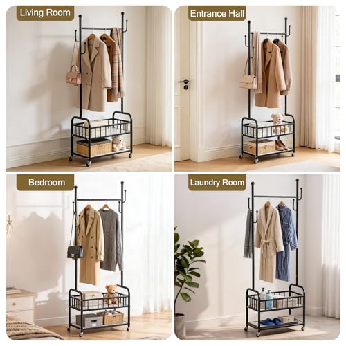 Free Standing Rolling Clothes Rack with Wheels Shoe Storage - Black | Small Narrow Cloth Hanger Garment Rack for Bedroom Livingroom Lab Dress Shirt Rack with Metal Basket and Shoe Storage Shelves - color: Black-2 Tier