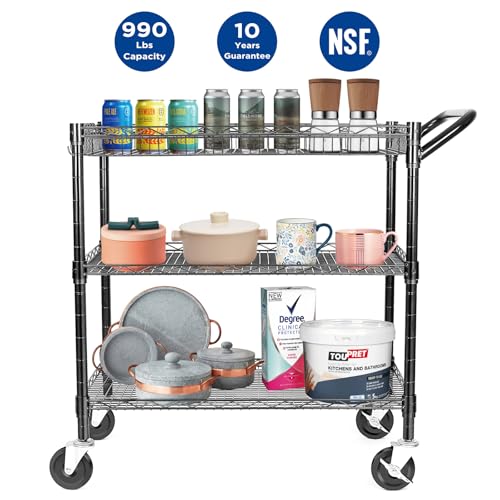 990Lbs Capacity Heavy Duty Rolling Utility Cart, NSF Rolling Carts with Wheels,Commercial Grade Metal Cart with Handle Bar & Shelf Liner,Trolley Serving Cart for Restaurant,Kitchen,Black - color: Black-3 Tier